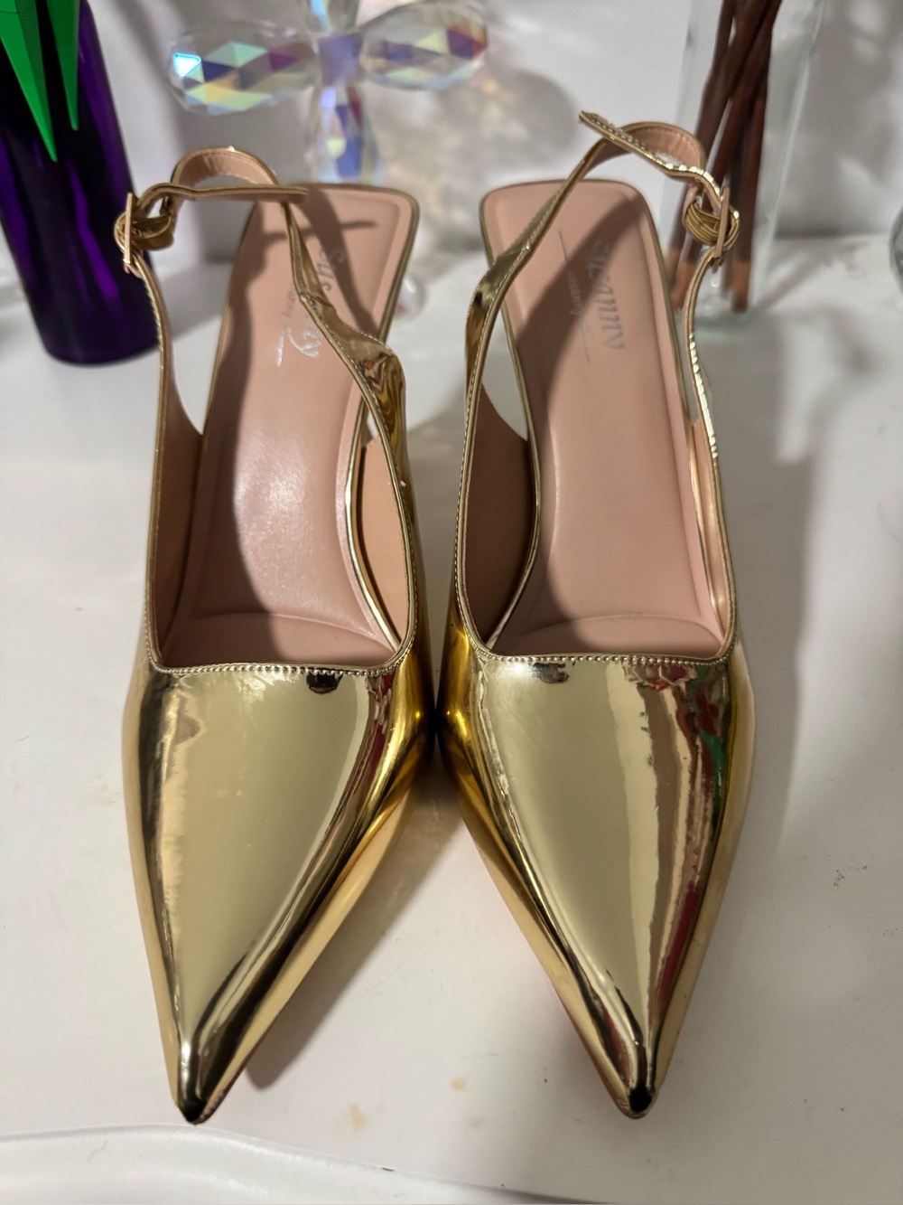 Gold Metallic Pointed Toe Slingback Heels